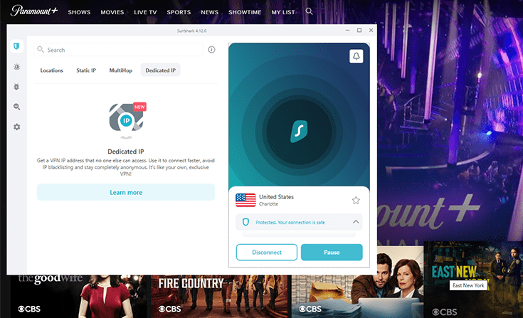 Screenshot of Paramount Plus unblocked with Surfshark VPN