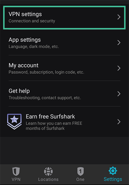 Screenshot of Surfshark, Settings