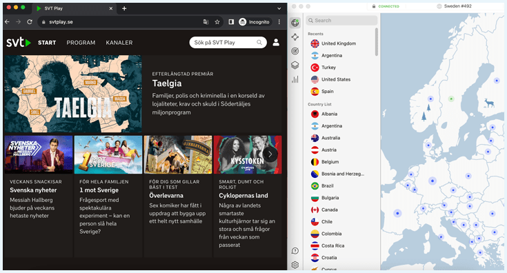 SVT Play With NordVPN running in the background