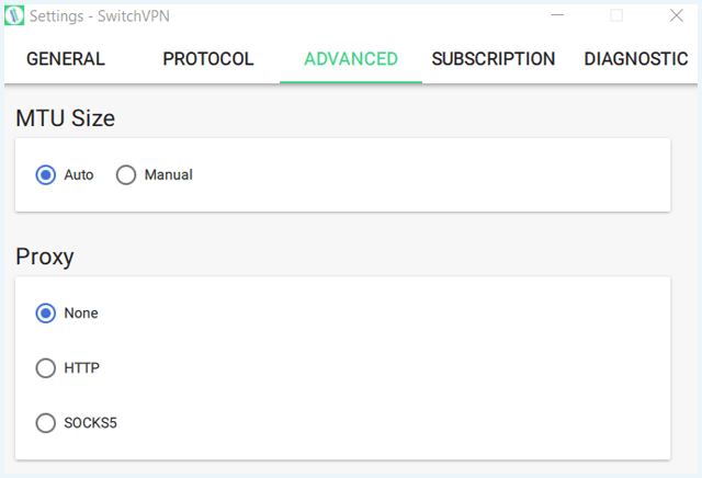 Screenshot of SwitchVPN app, Settings Advanced tab