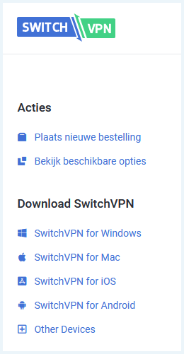 Screenshot of SwitchVPN app, download options