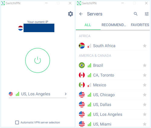 Screenshot of SwitchVPN app, interface and server list