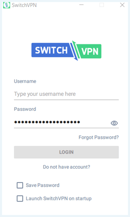 Screenshot of SwitchVPN app, Login screen