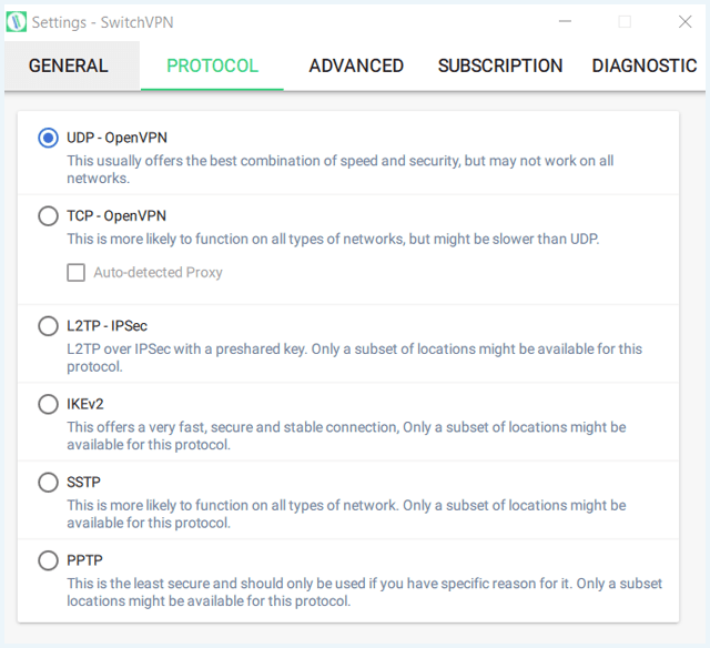 Screenshot of SwitchVPN app, Protocol tab