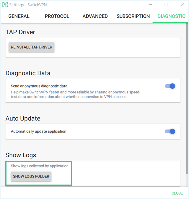 Screenshot of SwitchVPN app, Diagnostic tab, Show Logs option highlighted