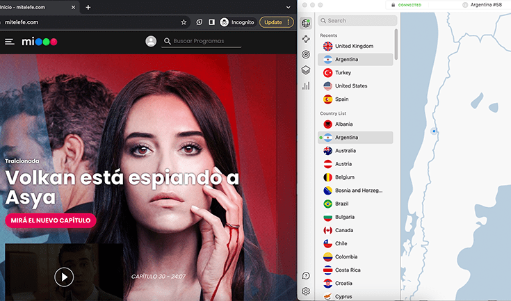 A screenshot of Telefe with NordVPN running in the background