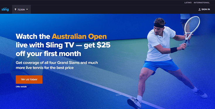 A screenshot of the tennis page on Sling TV.