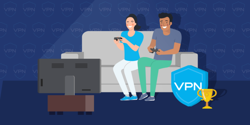 Man and woman sitting on a couch, playing video games, VPN shield icon and a trophy next to the couch