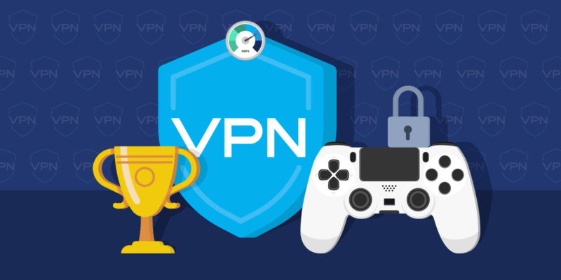 Trophy, VPN shield icon with speed icon on top of it and a PS controller with a padlock on a dark background