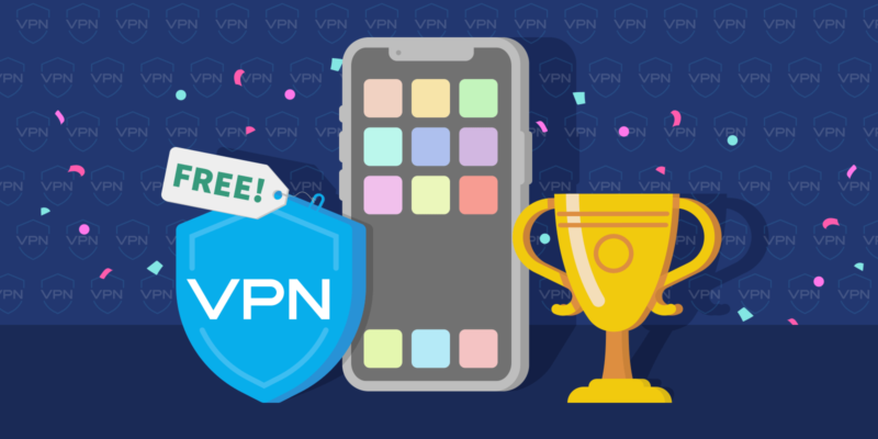 Free VPN shield icon, iPhone icon and a trophy with confetti flying around