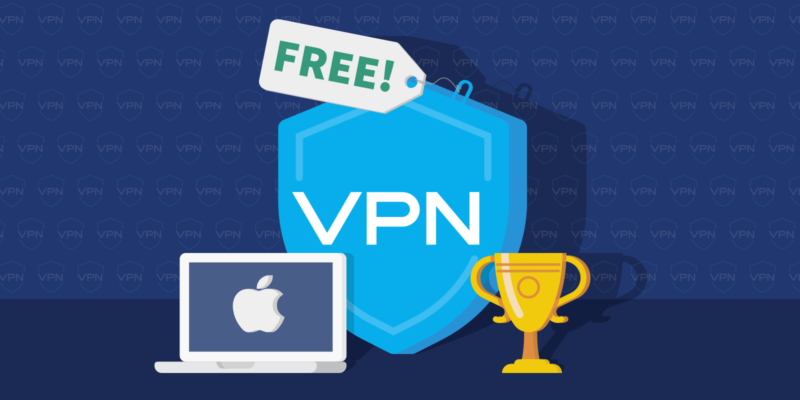 Mac laptop, trophy and Free VPN shield icon on a dark background