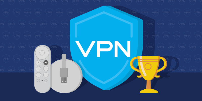 VPN shield and trophy next to a device that looks like a Google Chromecast