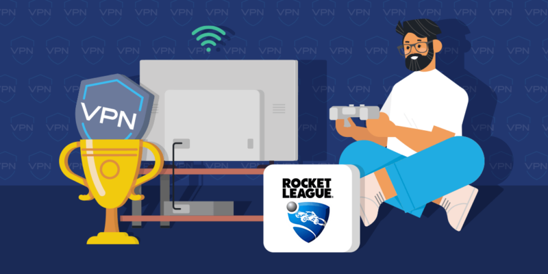 Featured Image showing a man sitting down and playing on his game console with a Rocket League box in front of him and a trophy with a VPN logo on top of it