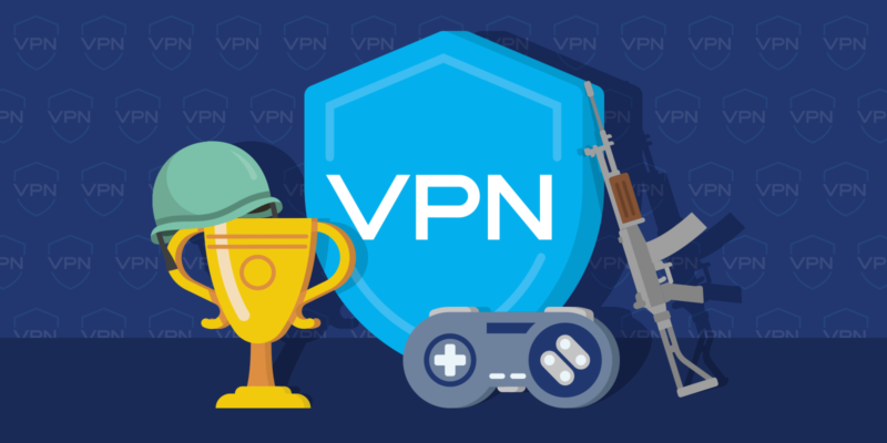 Trophy with military helmet, VPN shield icon, game controller, and rifle gun on a dark background