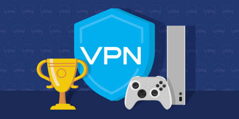 Trophy, VPN shield icon, Xbox console with controller on a dark background