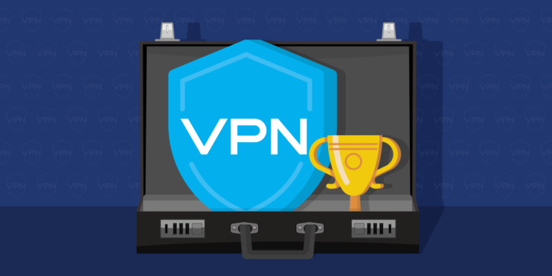 VPN shield icon and a trophy inside of a business briefcase