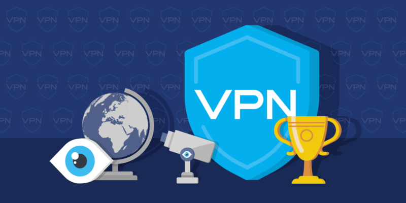 Eye icon, globe icon, surveillance camera looking at globe, VPN shield icon and trophy on a dark background