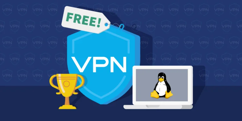 Trophy, free VPN shield icon, laptop with Linux logo on the screen