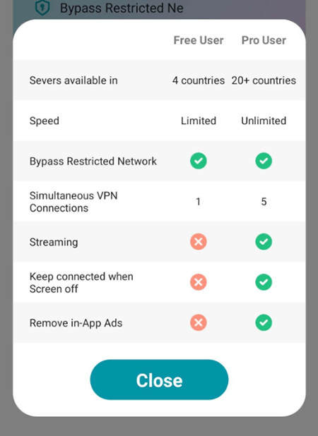 Screenshot of Thunder VPN, free vs premium