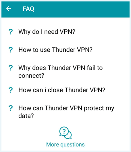 Screenshot of Thunder VPN, FAQ in app