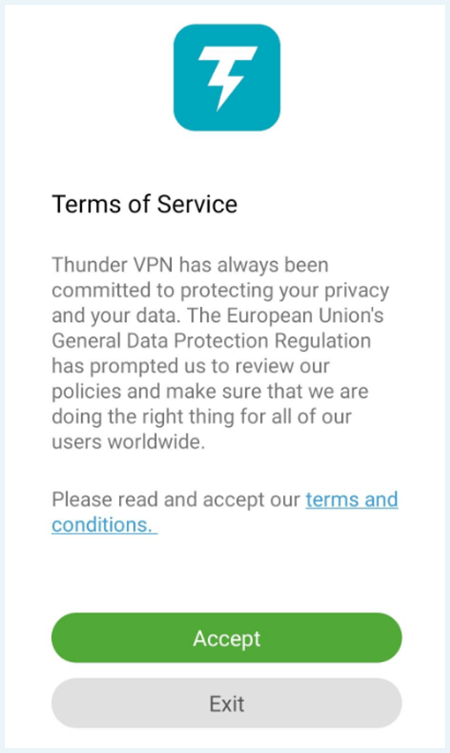 Screenshot of Thunder VPN, terms of service