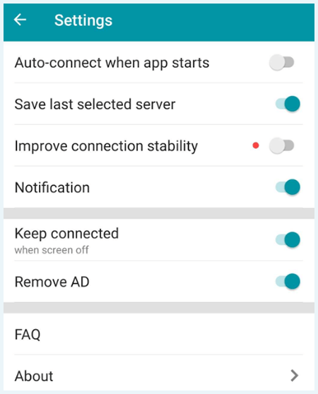 Screenshot of Thunder VPN, settings