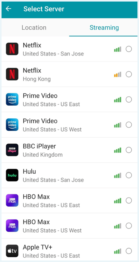 Screenshot of Thunder VPN, streaming servers