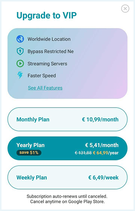 Screenshot of Thunder VPN, pricig plans