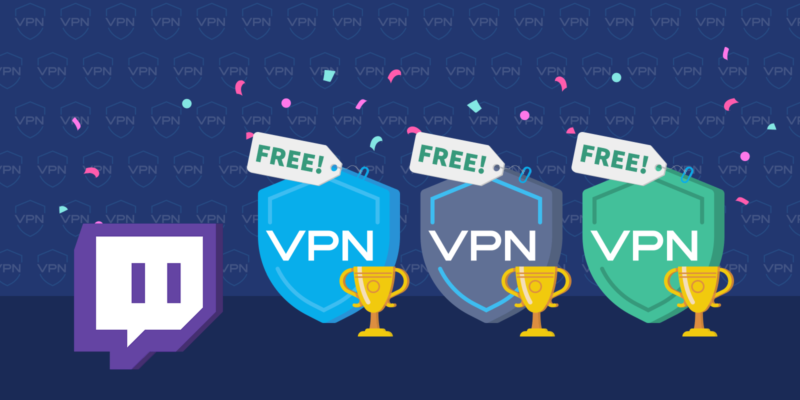 Free VPN shield icons with trophy and Twitch logo next to them