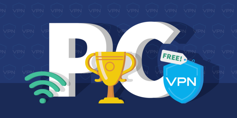 PC 3D letters, Wi-Fi icon, trophy and Free VPN shield icon on a dark blue background