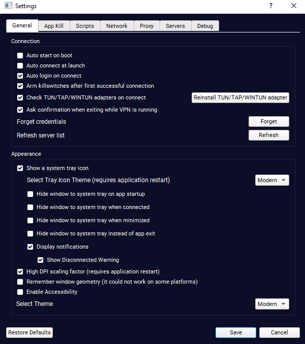 Screenshot of Tor Guard app, General settings