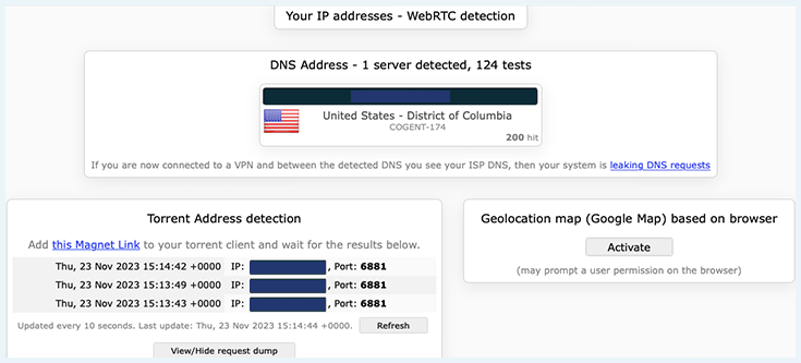 Screenshot shows that CyberGhost VPN does not leak your IP when torrenting