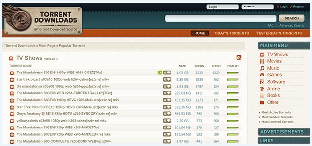 Screenshot of TorrentDownloads website