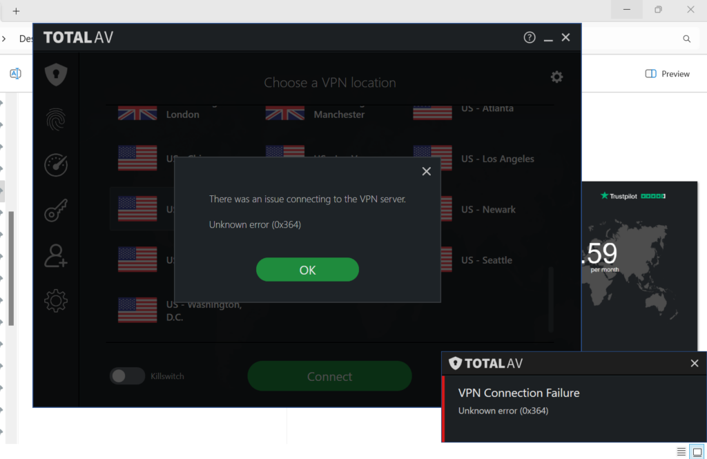 Screenshot of error message of TotalVPN server connection