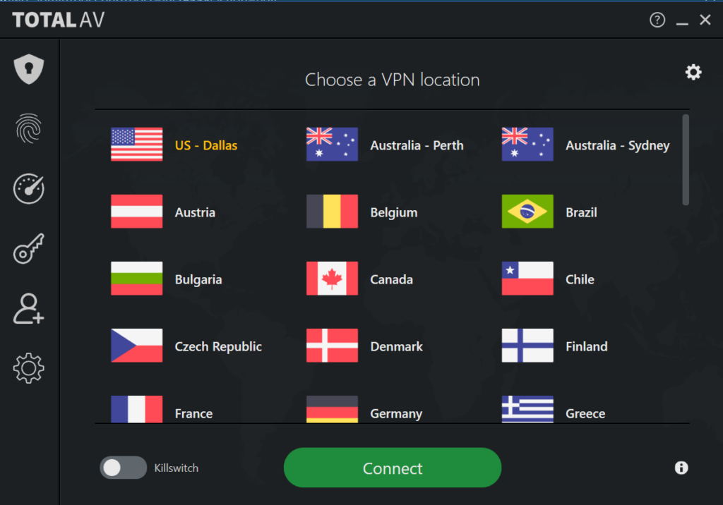 TotalVPN dashboard showing TotalVPN's server locations