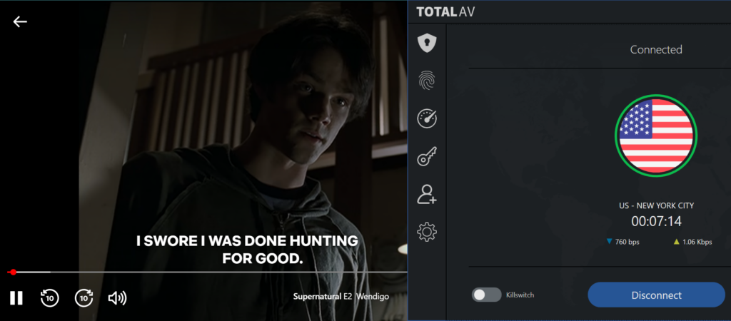 Screenshot of TotalVPN unblocking Supernatural on Netflix