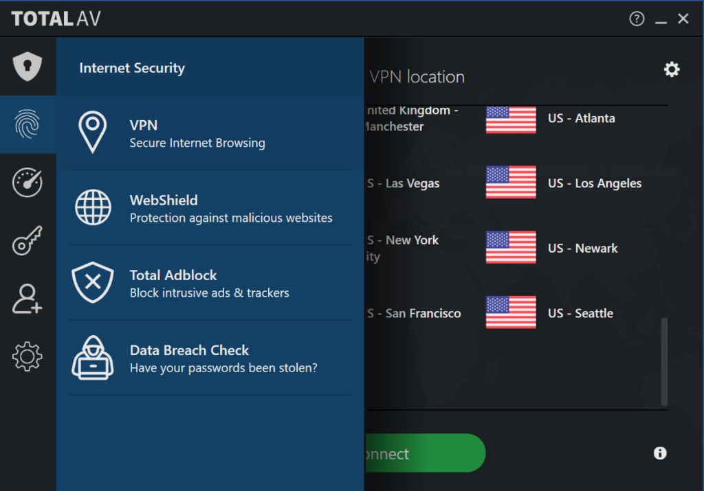 Screenshot of the TotalVPN tab on the TotalAV Windows app