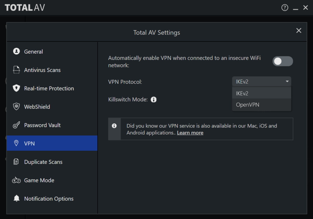 Screenshot of TotalVPN's protocols