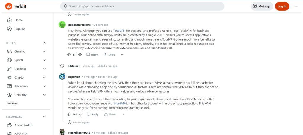 Screenshot of Reddit comments on TotalVPN