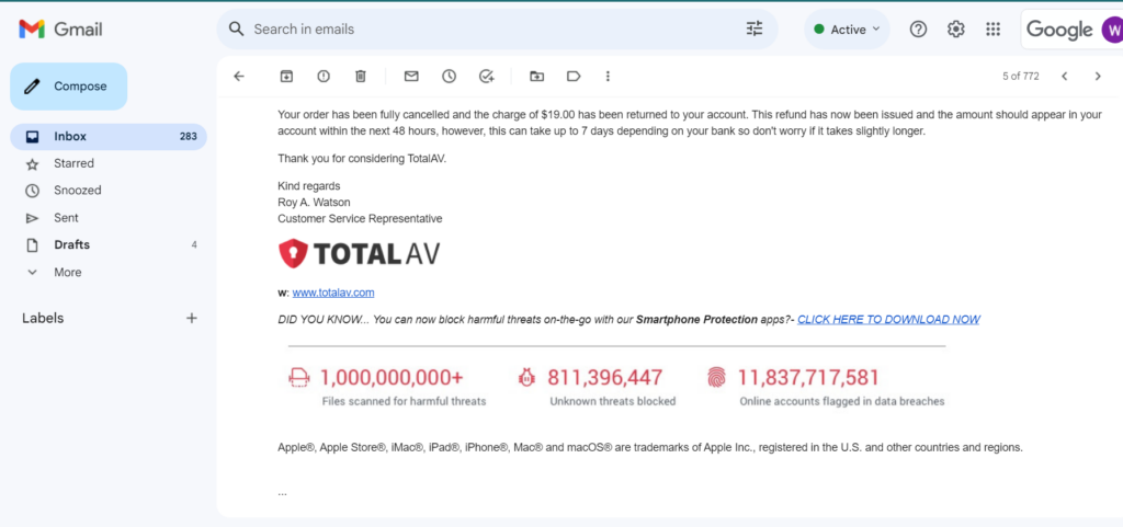 Email message from TotalAV on a TotalVPN refund