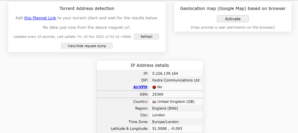 Screenshot of TotalVPN's torrent address detection test