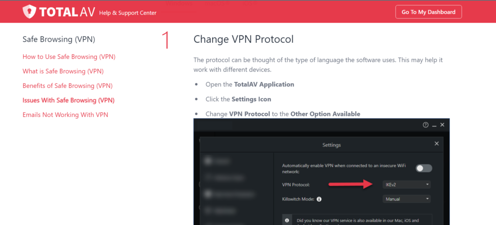 Screenshot of TotalVPN's support center