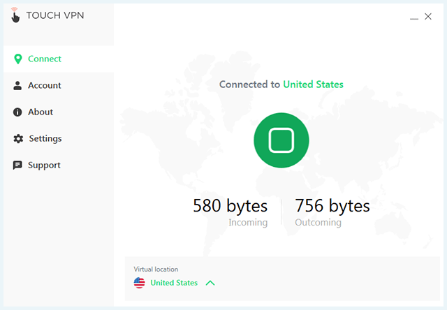 Screenshot of TouchVPN, client connected