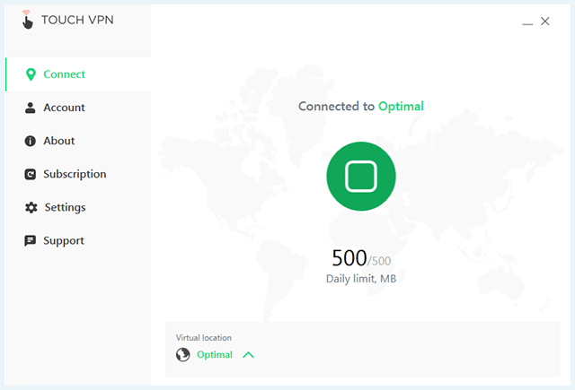 Screenshot of TouchVPN, free version, daily limit