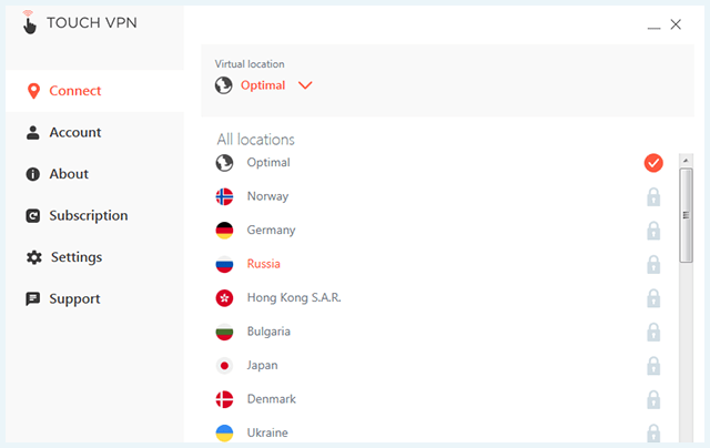 Screenshot of TouchVPN, free version, one location