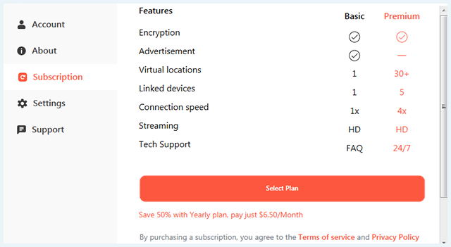 Screenshot of TouchVPN, free vs premium