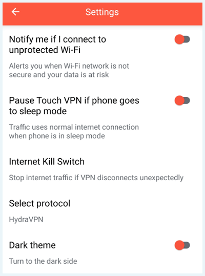 Screenshot of TouchVPN, mobile kill switch