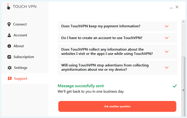 Screenshot of TouchVPN, Support