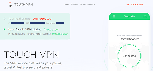 Screenshot of TouchVPN, website homepage