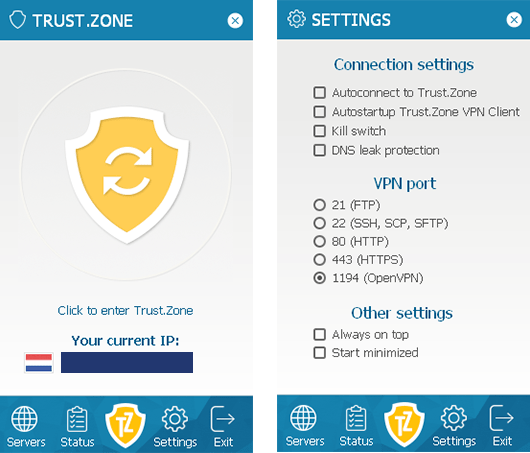 Screenshot of Trust.Zone app interface and settings